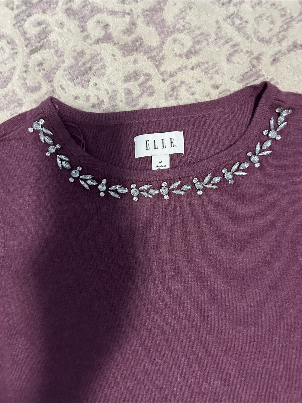 ELLE Heather Purple Embellished Crewneck Sweater with bib rhinestones NWOT